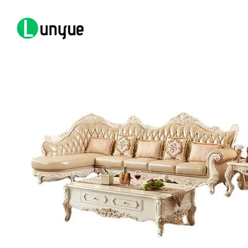 European First Layer Cowhide Sofa Set Modern Light Luxury Solid Wood Carved Flower Design Large Apartment Villa Living Room