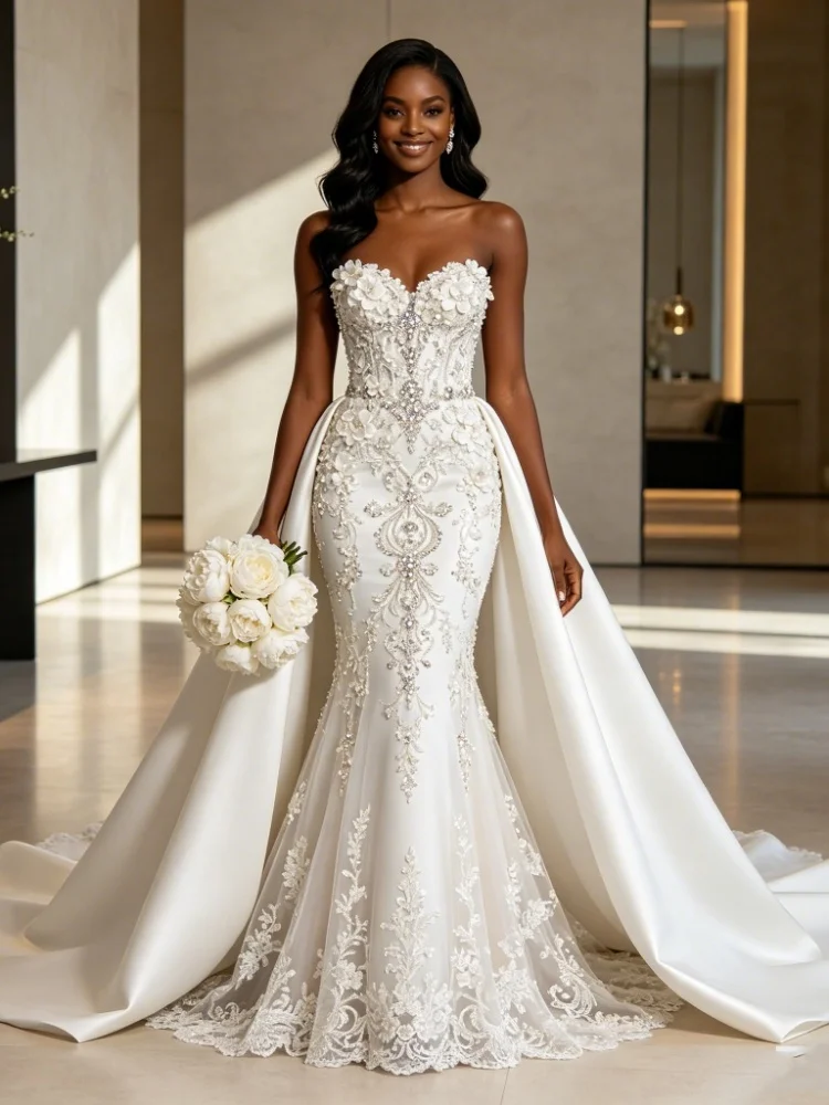 Custom Luxury Mermaid Wedding Dress 2026 Strapless Sweetheart Neck Beaded Rhinestone Lace Bridal Gown Satin Overskirt Long Train
