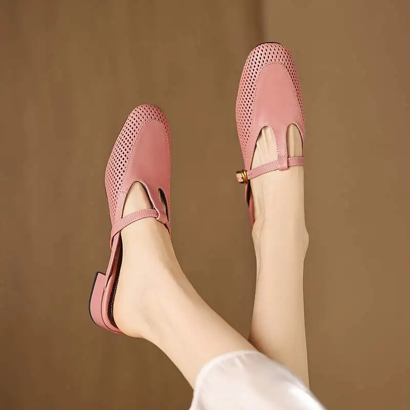 Krazing Pot Mules Full Grain Leather Round Toe Low Heels Vintage Superstar Daily Wear Pink Color Slingback Gladiator Women Pumps