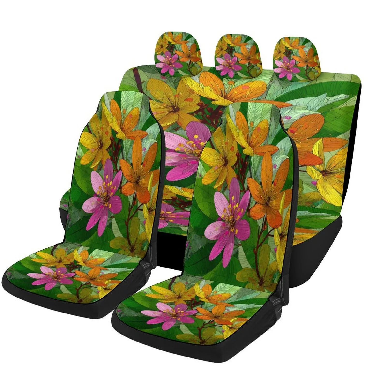 Set Of Car Seat Covers Featuring A Tropical Flower Design, Suitable For Various Vehicles. Stylish And Unique, This Complete Set