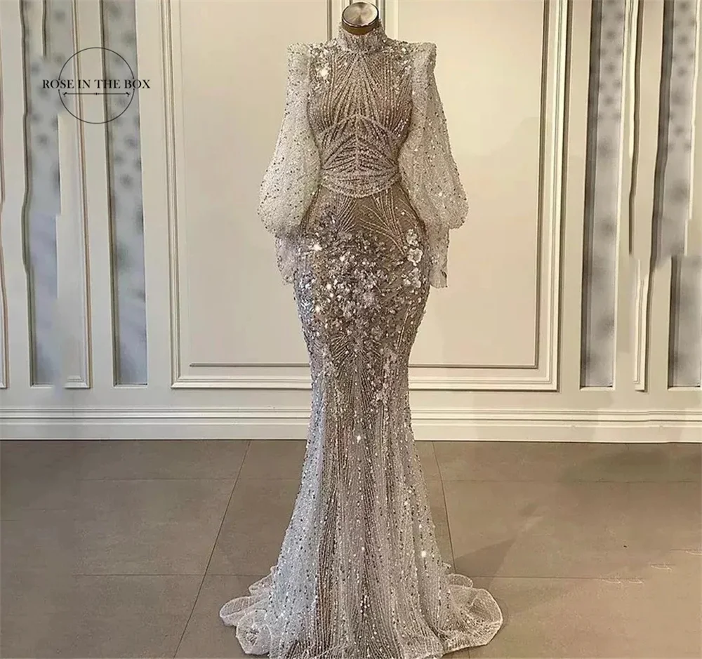 Romantic Silver Mermaid Luxury Evening Dresses 2023 Lantern Full Sleeves Beaded Elegant Gowns 2023 For Women Party