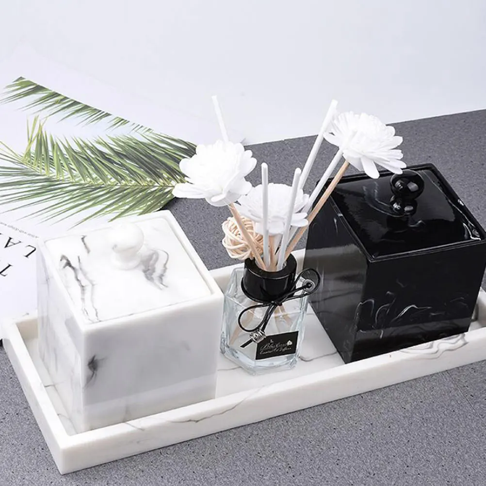 

1pc Resin Marble Cotton Swab Box Toothpick Holder Dust Cover Storage Organizer Home Decor Space Saving For Cotton Pads