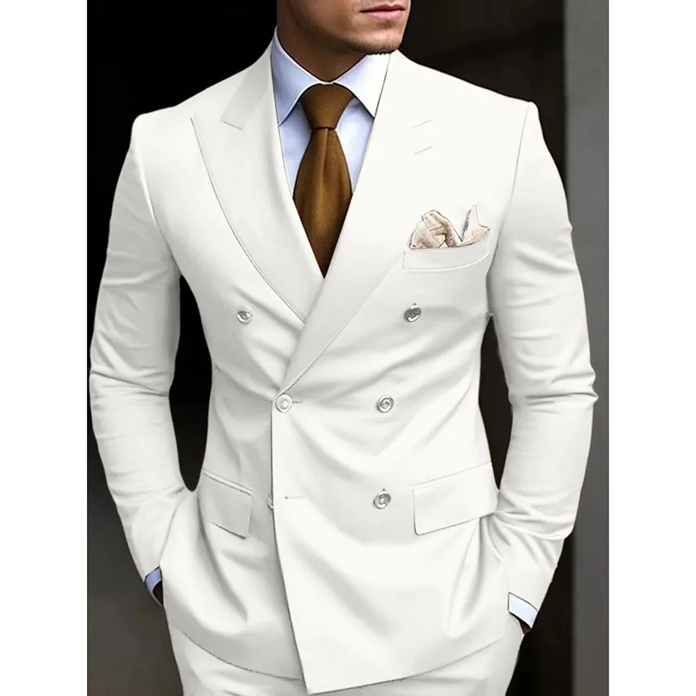

Luxury Men Suits Solid Color Double Breasted Peak Lapel Elegant Wedding Outfits 2 Piece Jacket Pants Outfits Custom Made Terno