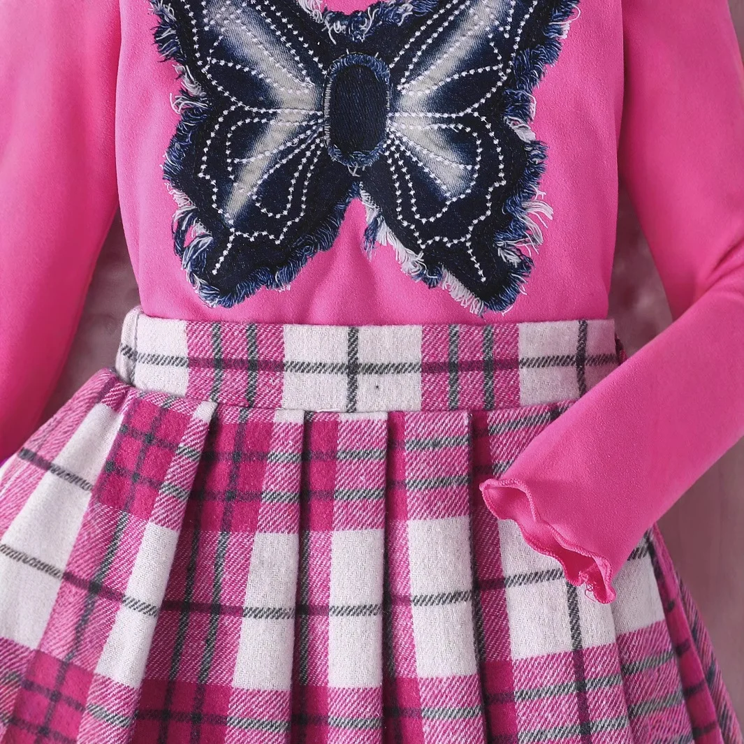 Children's Sets Spring Autumn Kids Girls Clothes Fashion Butterfly Long Sleeve Tops+Plaid Skirt Baby Boutique Clothing BC176 5