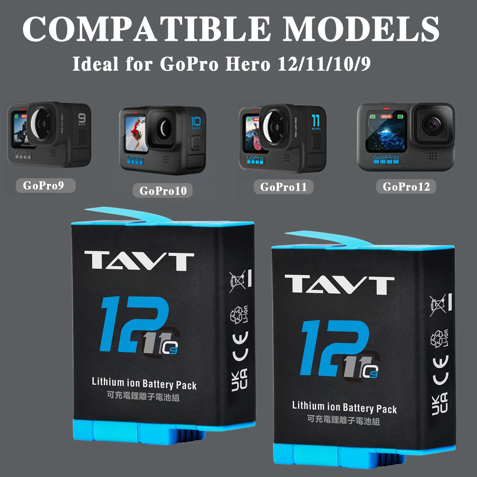 Batterie TAVT pour GoPro Hero 12 11 10 9, batterie pour caméra de mouvement + boîte de charge rapide pour GoPro Hero, accessoires de batterie rechargeable