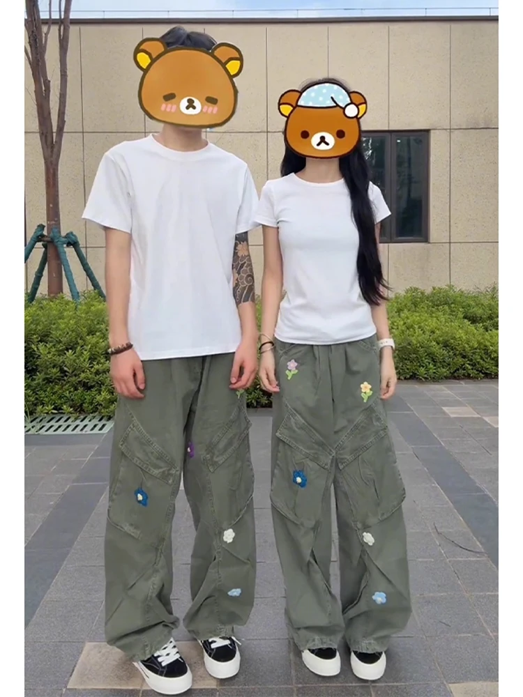 

Прямые джинсы с цветочной вышивкой в стиле ретро, свободные брюки для рабочей одежды, драпированные широкие джинсы с высокой талией для мужчин и...