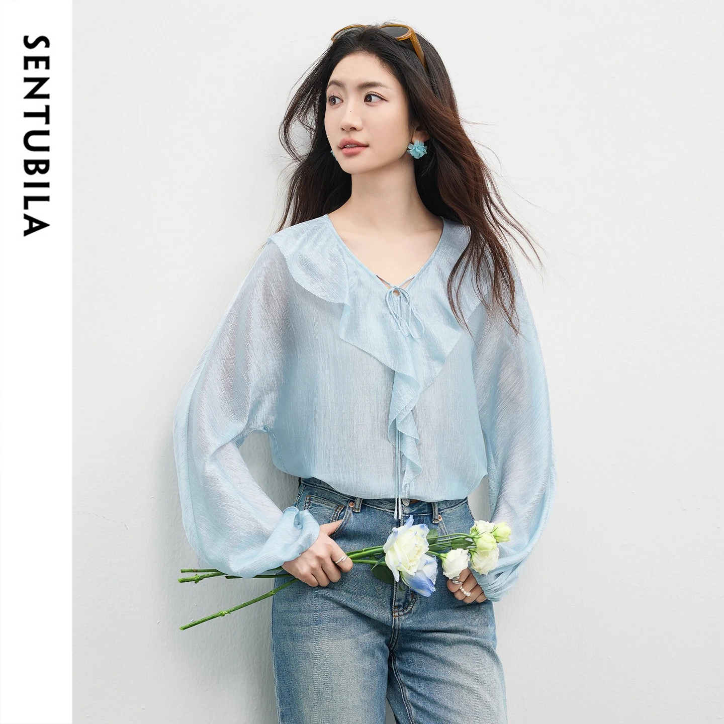 

Женская блузка SENTUBILA из ацетатного шифона, весна 2026, с рюшами, завязками, V-образным вырезом, длинными рукавами, элегантная рубашка-топ 161VA5377