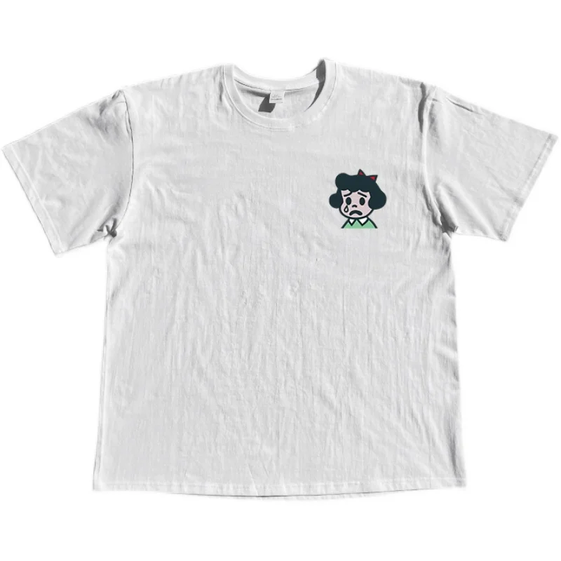 Breathable Shoulder Version Short Sleeve T-Shirt for Girls Base Shirt Cry Girl Pattern Cotton Polyester Blend Summer Top