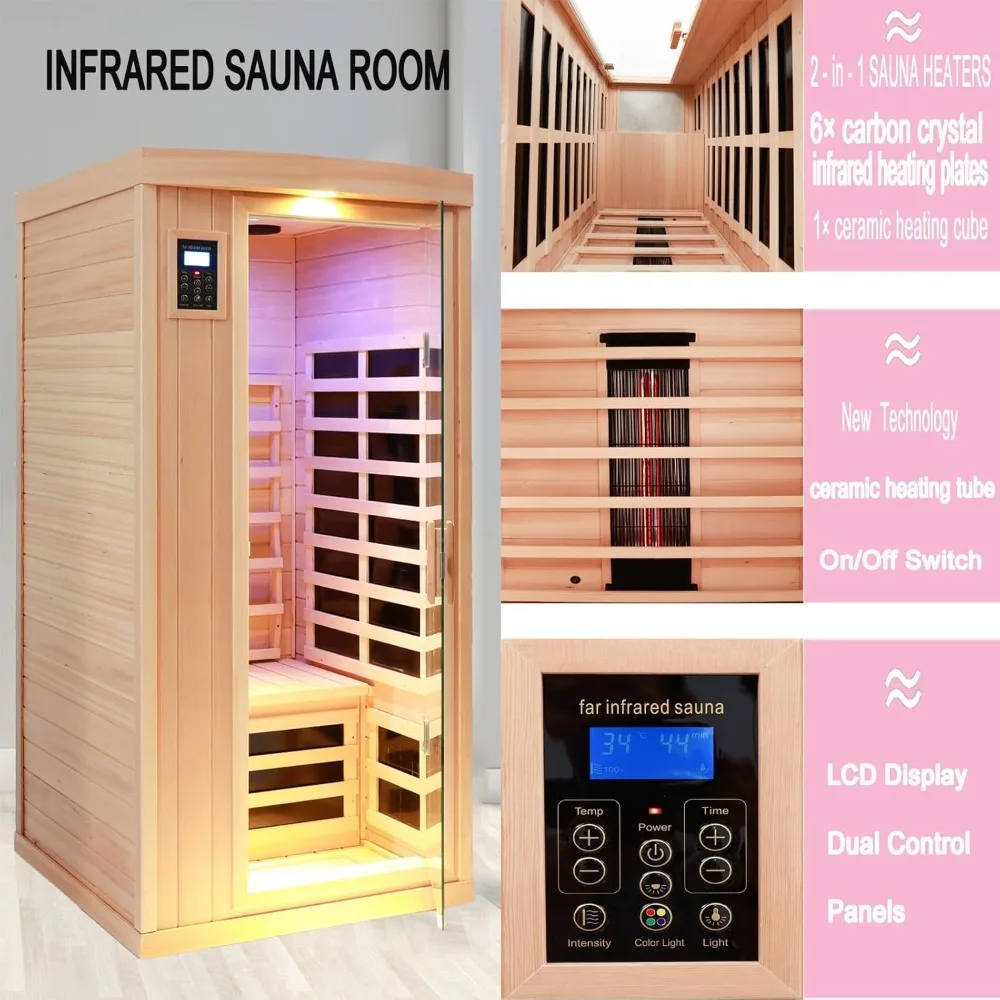 Ceramic 1 Person Infrared Sauna Far Infrared Saunas for Home Hemlock Wood Indoor Sauna Room 2 in 1 Sauna with Low EMF Heaters +