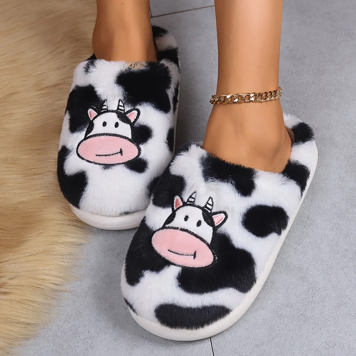 Cartoon Cow Plush Slippers For Women Men New Arrival Household Fur Slippers Couple Indoor Warm Shoes