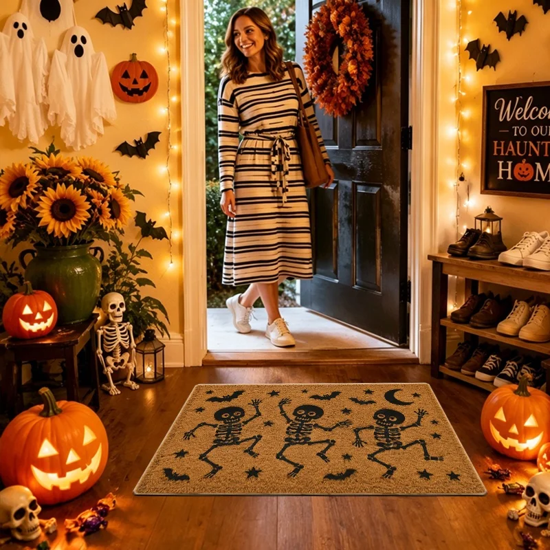 Dancing Skeleton Halloween Doormat, Bat Moon Star Print Entry Mat, Vintage Spooky Season Front Door Decor Rug