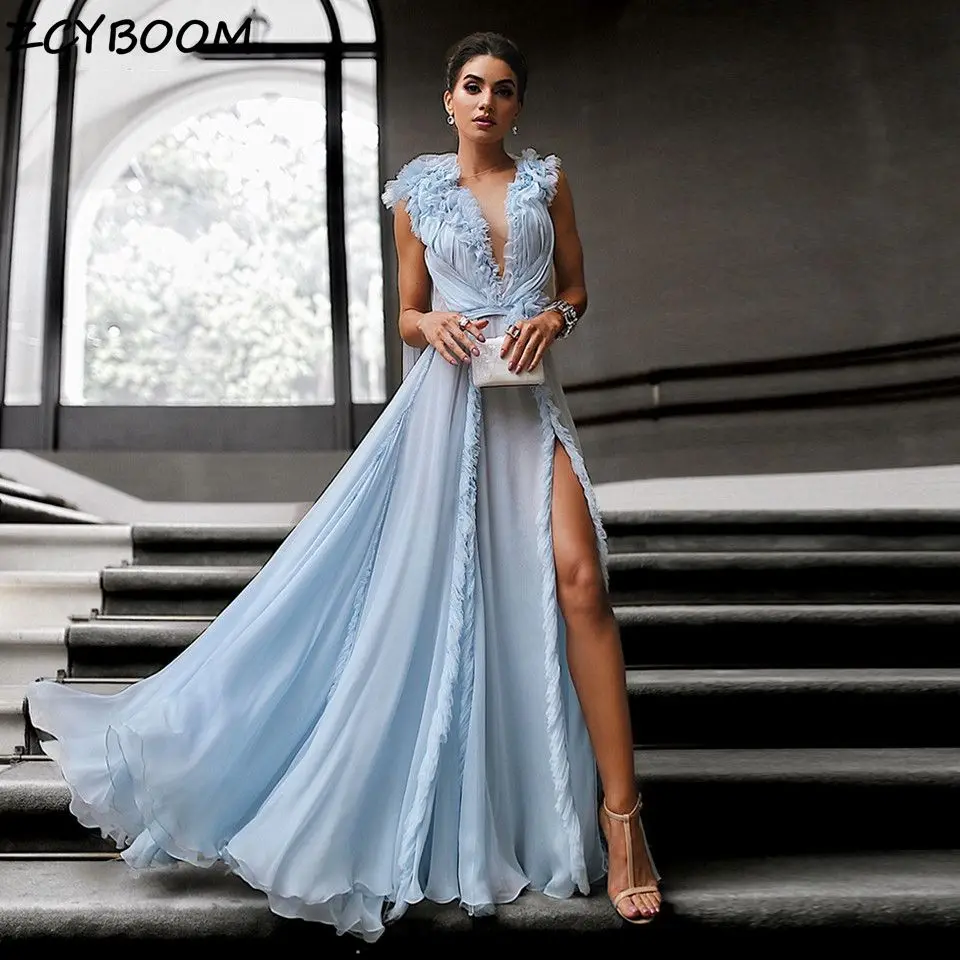 Light Blue Prom Dresses 2026 Women Formal Party Night Elegant A-Line Pleat Chiffon Vestido De Gala Graduation Long Evening Gowns