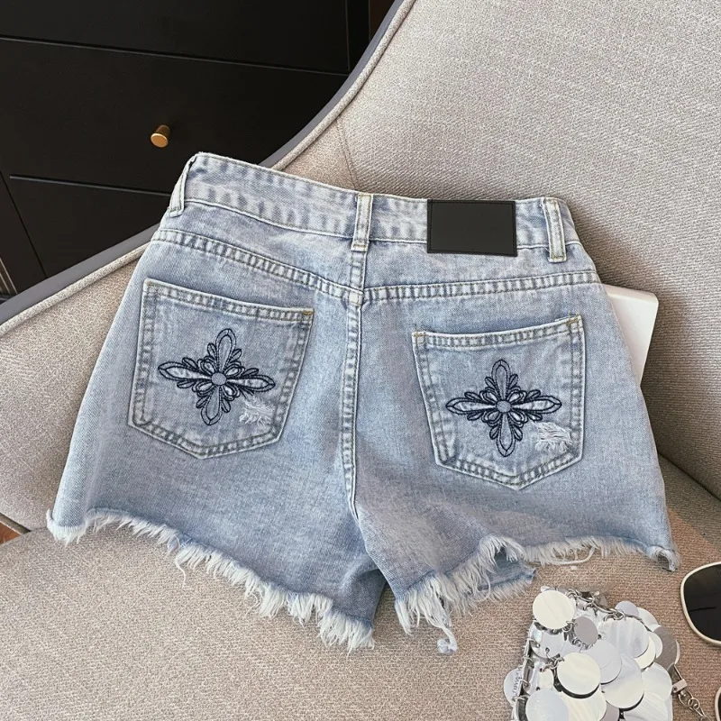 

Pocket Embroidery Tassel Denim Shorts Women Clothing Summer Korean High Waisted Straight Sexy Wide Leg Jean Hot Pants Y2k Female