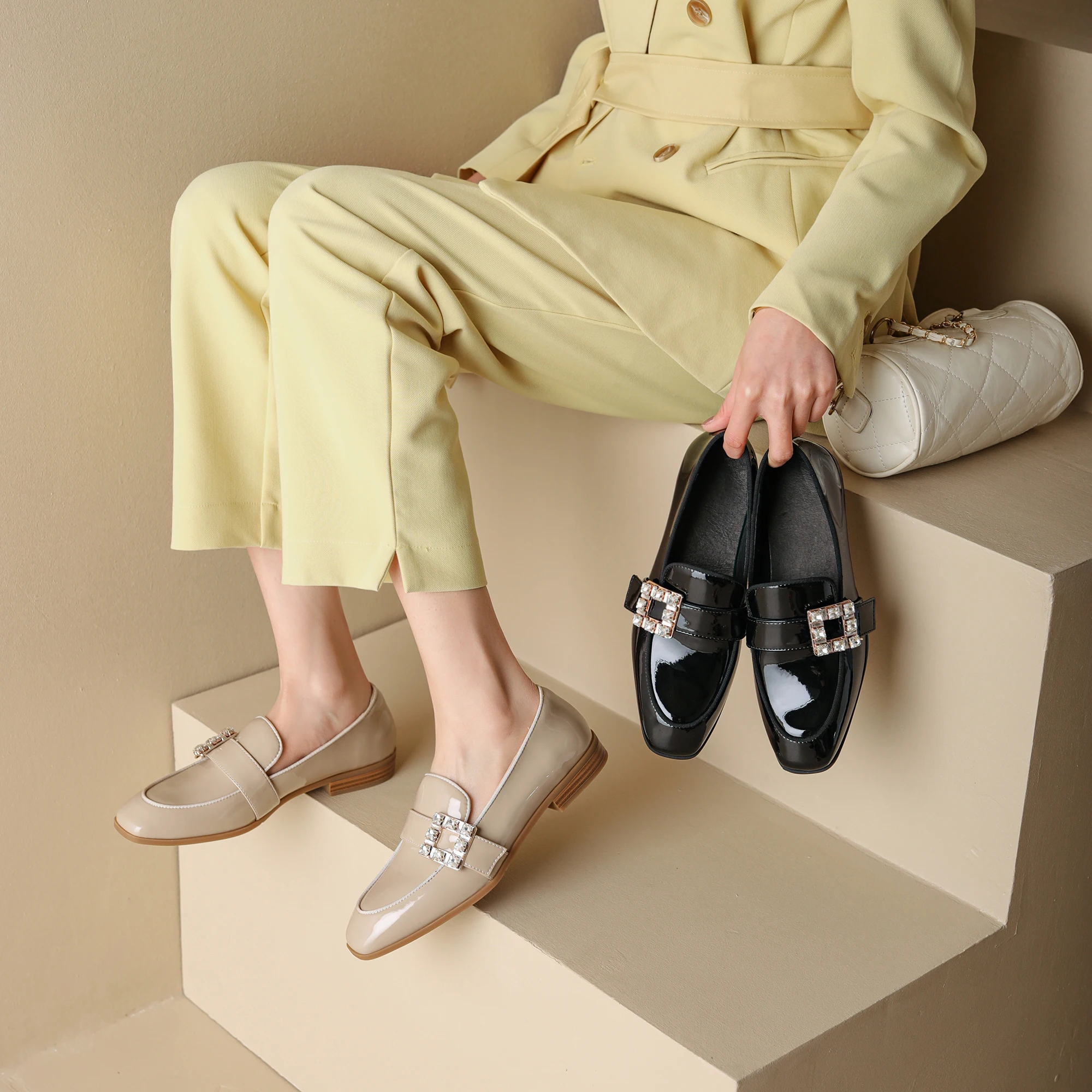 

Pumps Women Patent Leather Square Crystal Buckle Flat Sole Minimalist Commuter Shallow Dress Shoes