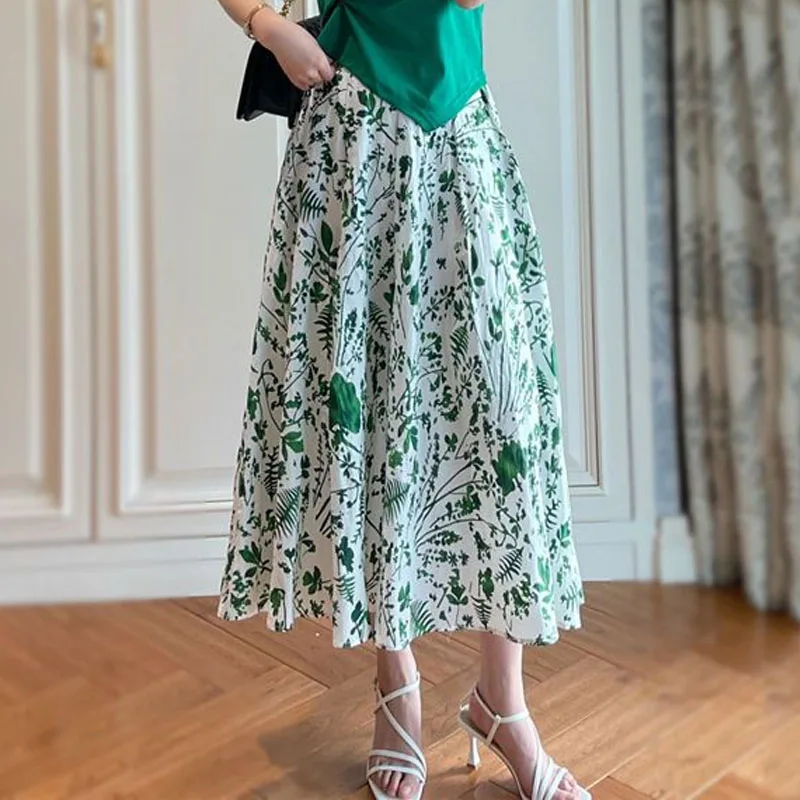 New Fashion Elegant Printed A-Line Skirt for Female 2023 Casual All-match High Waist Midi Skirts Summer Trend Women\'s Clothing