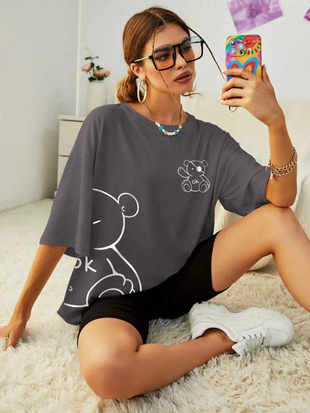 Kobiety bawełniane koszulki Kawaii OK pluszowy miś nadruki graficzne koszulki moda lato na co dzień ubrania damskie wygodne topy w stylu streetwear