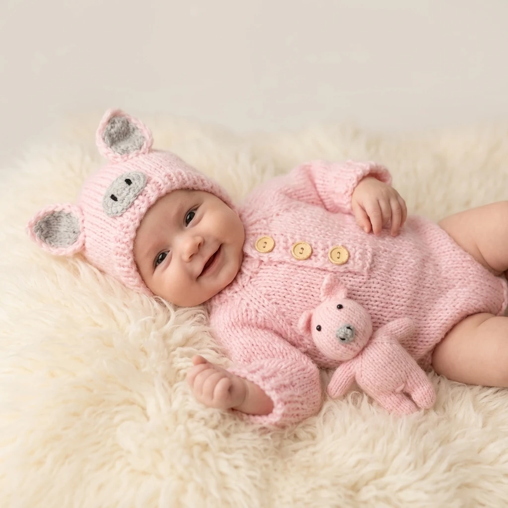 Newborn Photography Props Adorable Pig Costume 3Pcs Handmade Crochet Romper Hat Shorts for Baby Boys Girls Gift