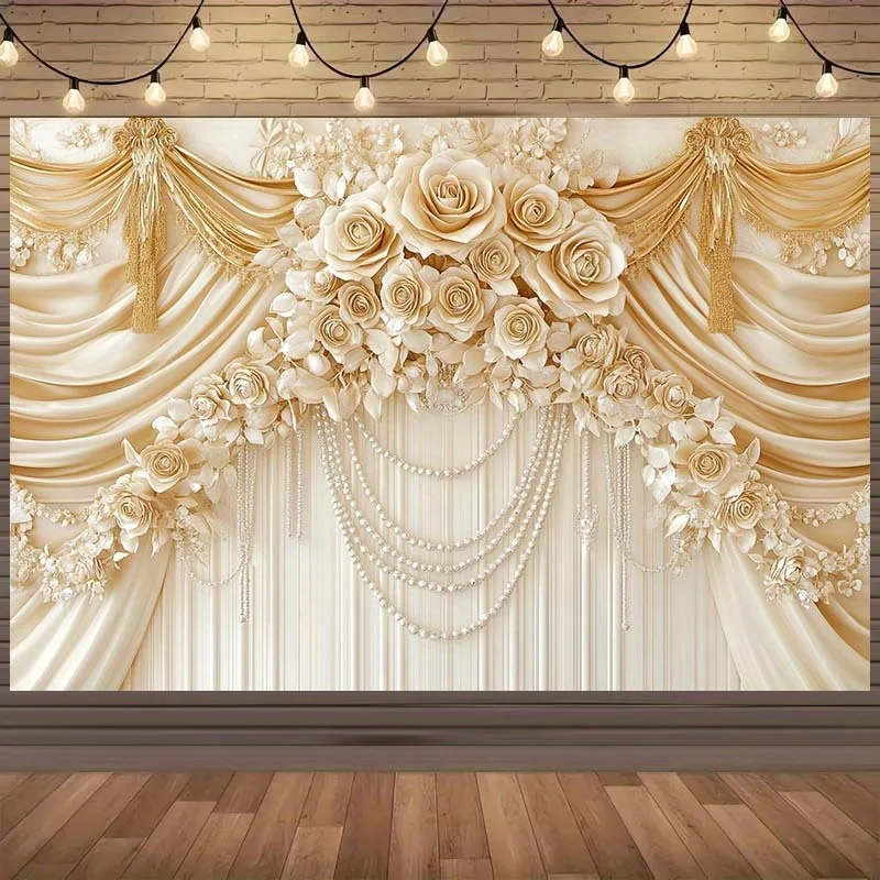 Elegant Wedding Backdrop with Golden Drapes, Ivory Roses & Pearl Garlands - Luxurious Polyester Photography Prop for Anniversari