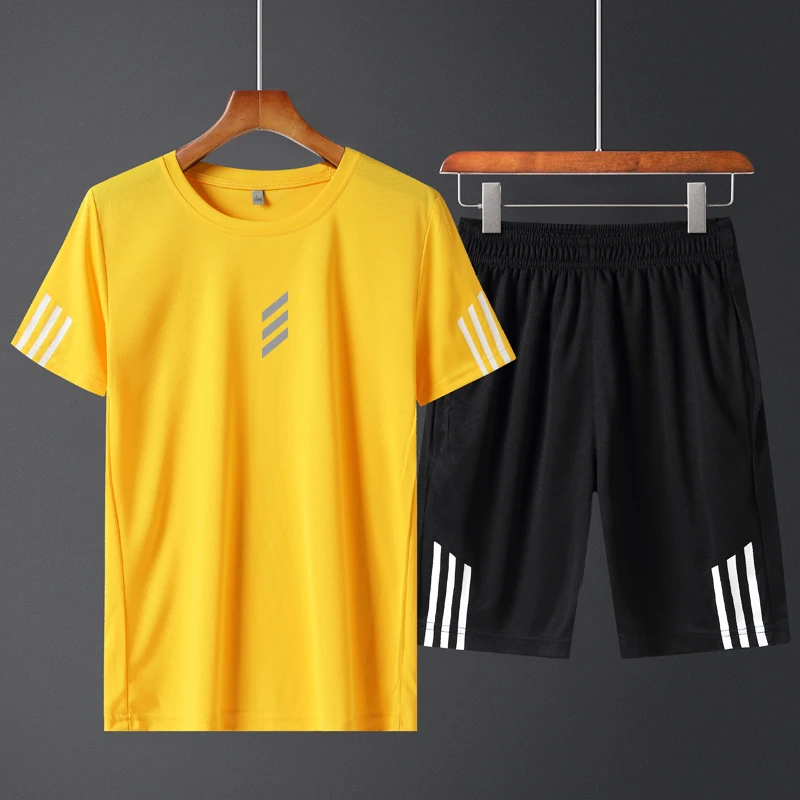 Fashion Men's Sports Suit Quick Drying Exercise Small Mesh Mesh T-shirt+Beach shorts Summer Boutique Outdoor Sports 2-Piece Set