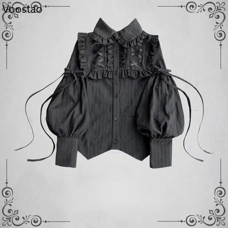 

Vintage Gothic shirts women elegant lolita style gigot sleeve blouses girls Victorian sweet ruffles kawaii tops blusas Mujer