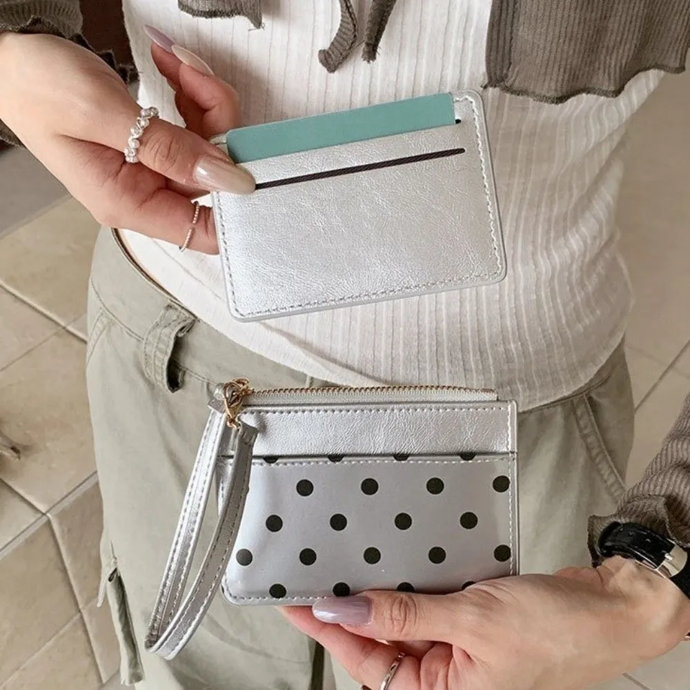 Ultra Light Polka Dot Card Holder PU Leather Ultra Slim Minimalist Coin Purse Zipper Multi Card Slots Women Mini Wallet Backpack