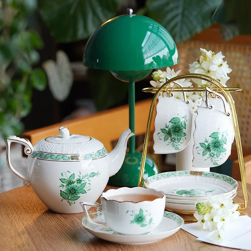 Coffee Cup Saucer Pot Retro Green Butterfly Flower Print Afternoon Teaset Ceramic Scented Tea Cup Dessert Plate Home Drinkware