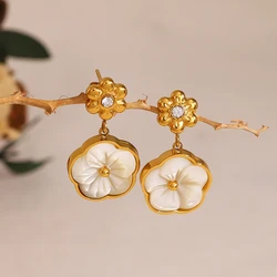 WILD & FREE Vintage Stainless Steel Floral Earrings for Women White Shell Carved Charm 18K Gold Plated Jewelry