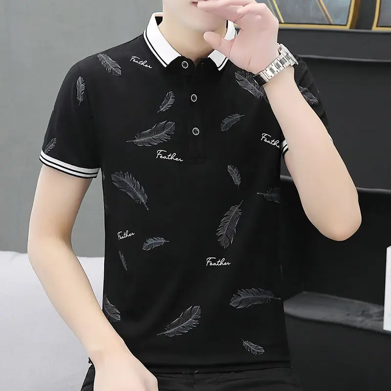 Fashion Lapel Button Short Sleeve Printed Polo Shirts Men's Clothing 2024 Spring New Loose All-match Tops Casual Tee Shirt