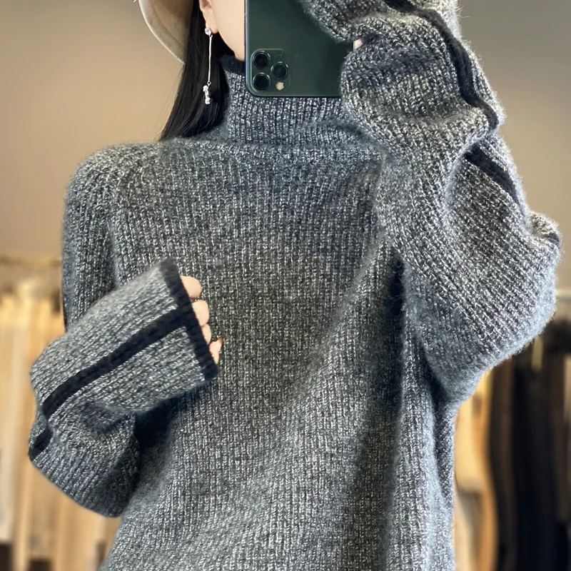 Women\'s High Necked Knitted Pullover, 100% Pure Wool Sweater, Long Sleeved Casual Tops, Color Changing, Hot Selling, New Product