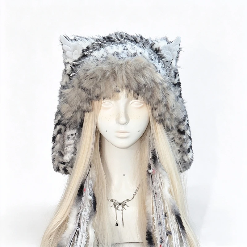 Handmade Snow Leopard Bunny Rabbit Ears Hat Girls Custom Crochet Wings Knit Beanie Women Kawaii Casual Cosplay Winter Warm Caps