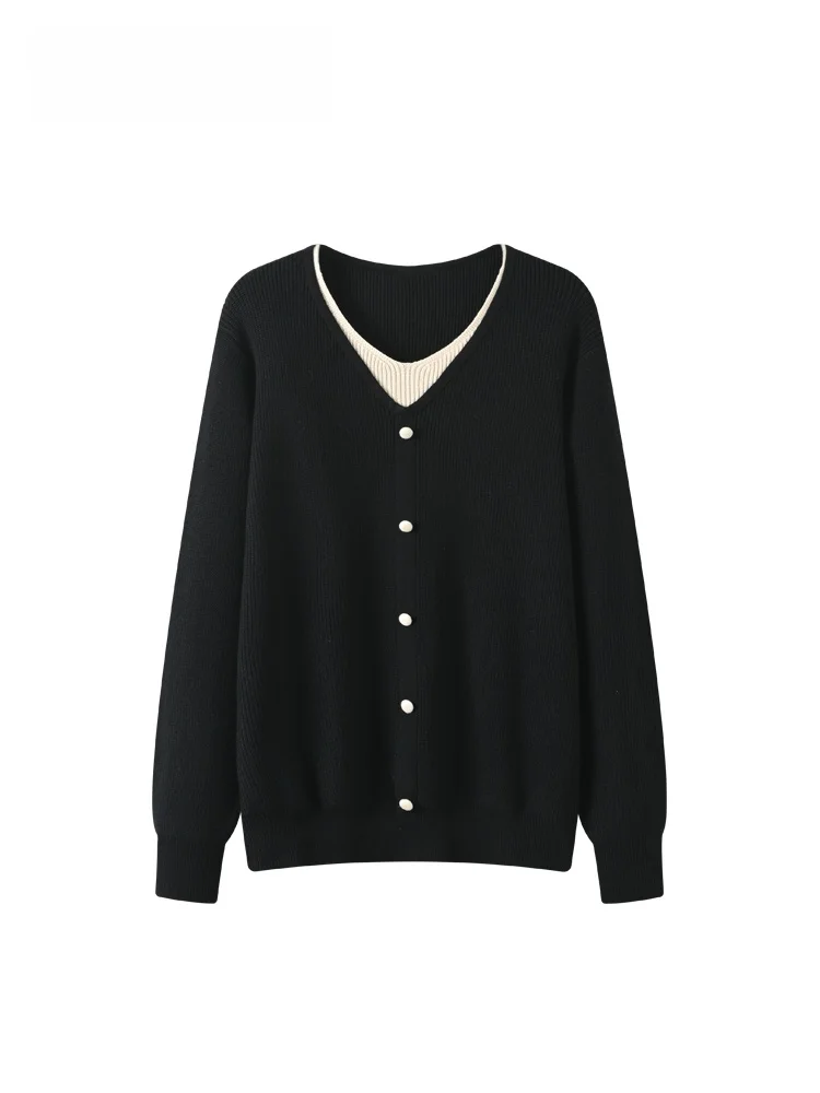 

Модная женская трикотажная кофта больших размеров с V-образным вырезом и длинными рукавами, повседневная, свободного кроя, с завышенной талией, для весны и осени, из смесового полиэстера