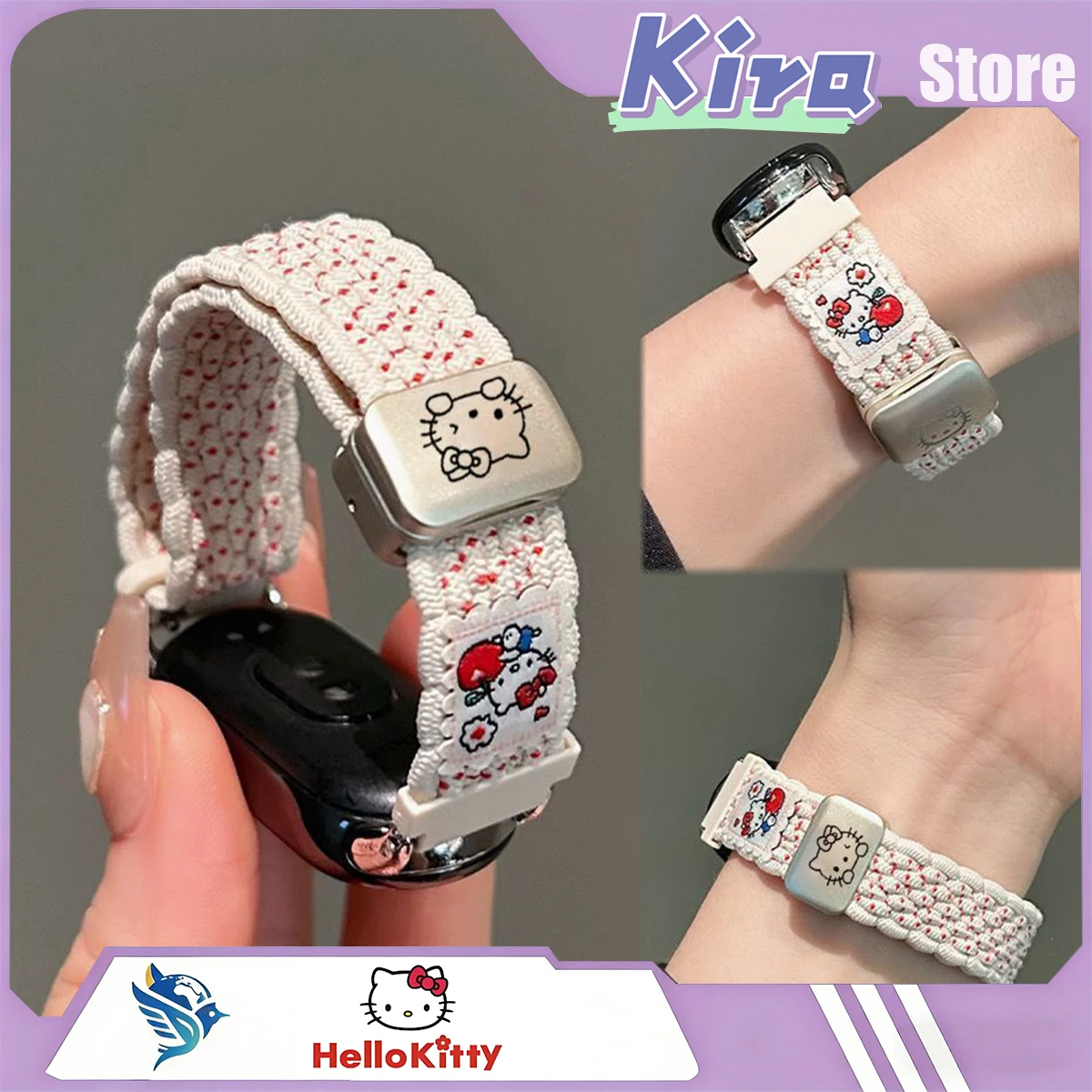 Correa de reloj con accesorio magnético de tejido HELLO KITTY, diseño de dibujos animados, compatible con Apple Watch S11 Iwatchs9876s, funda protectora de silicona