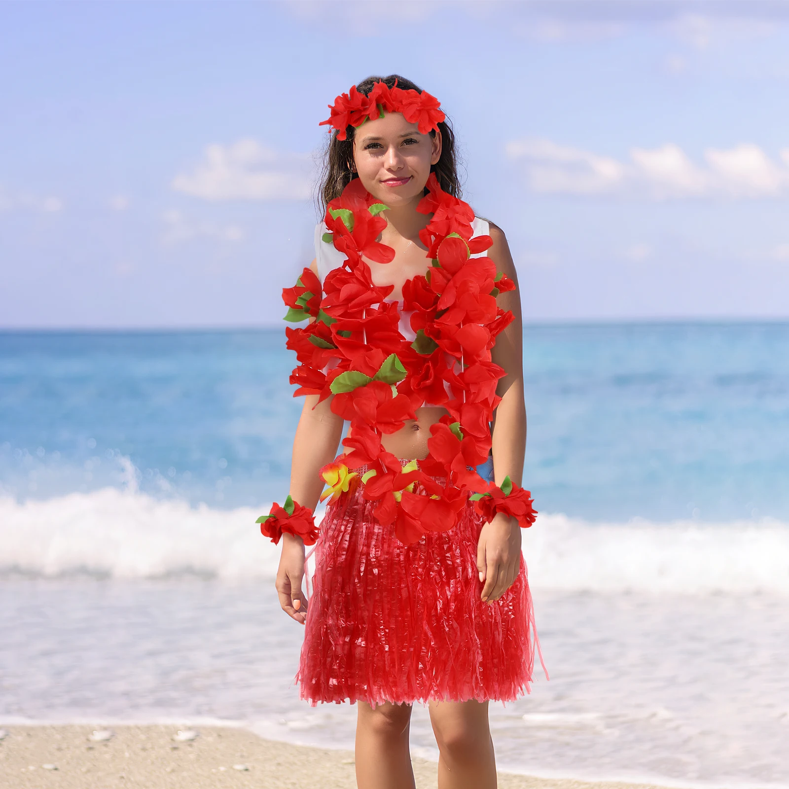 

6pcs Dance Costume Kids Hawaiian Grass Skirt Set Flower Headband Necklace Bracelets Bra Tropical Party Luau Accessories