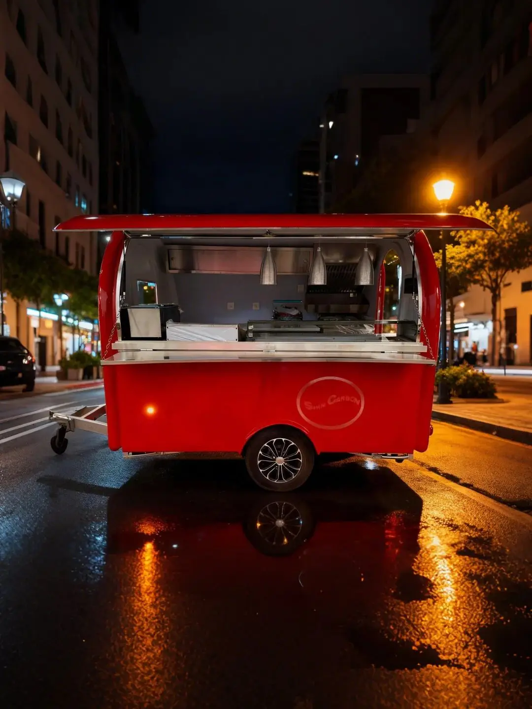 

Bright Red Outdoor Food Trailer with Deployable Sales Window And Awning Modern round Shape Mobile Kitchen Trailer