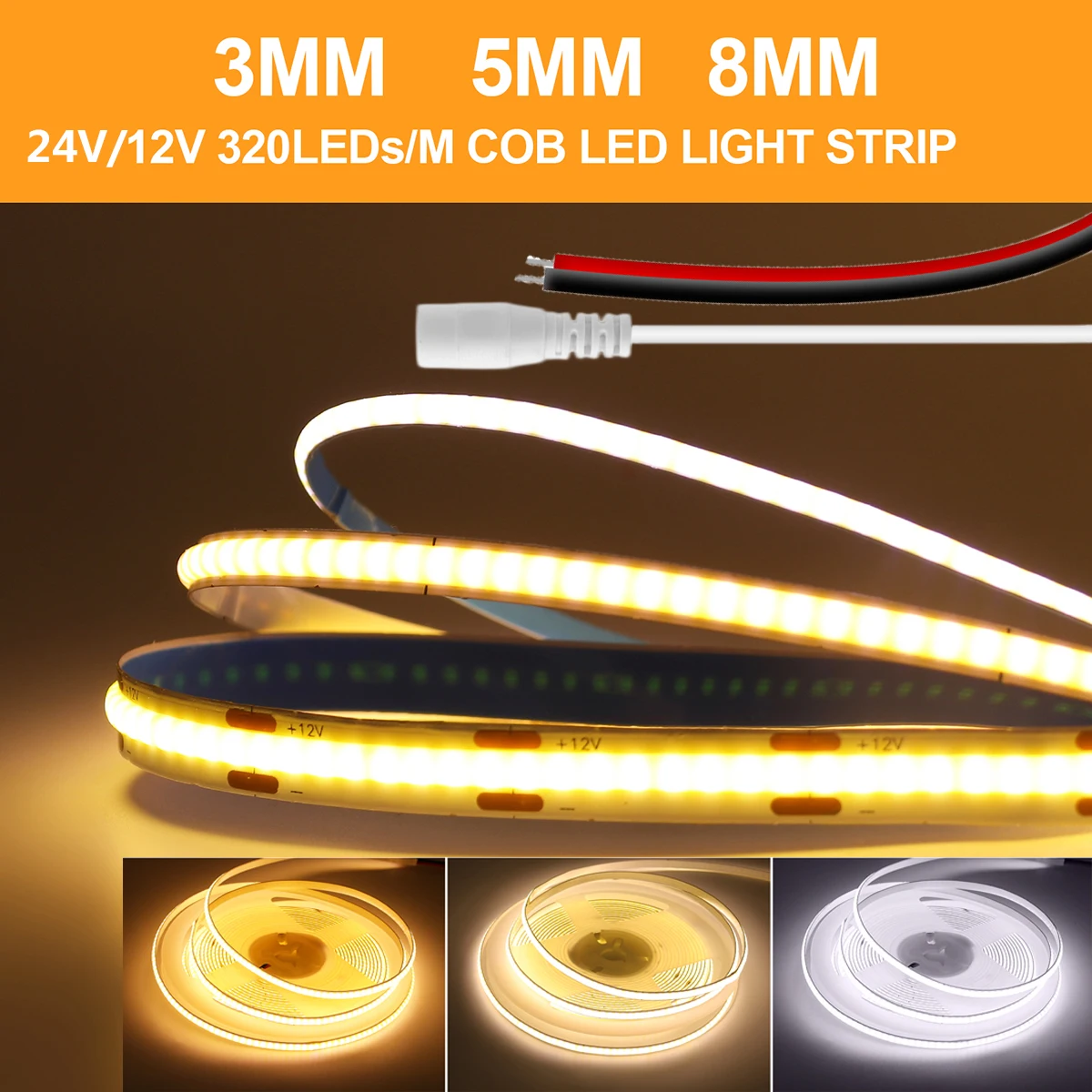 

12V 24V COB LED Strip Light With DC Plug 2Pin Wire 320LED/m Warm Natural White Red Blue Super Bright Flexible Lamp Adhesive Tape