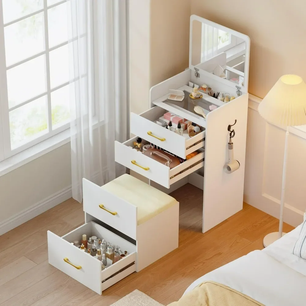 

Vanity Desk with Flip Top Mirror, Makeup Vanity Table with Cushioned Stool for Small Space, Compact Dressing Table