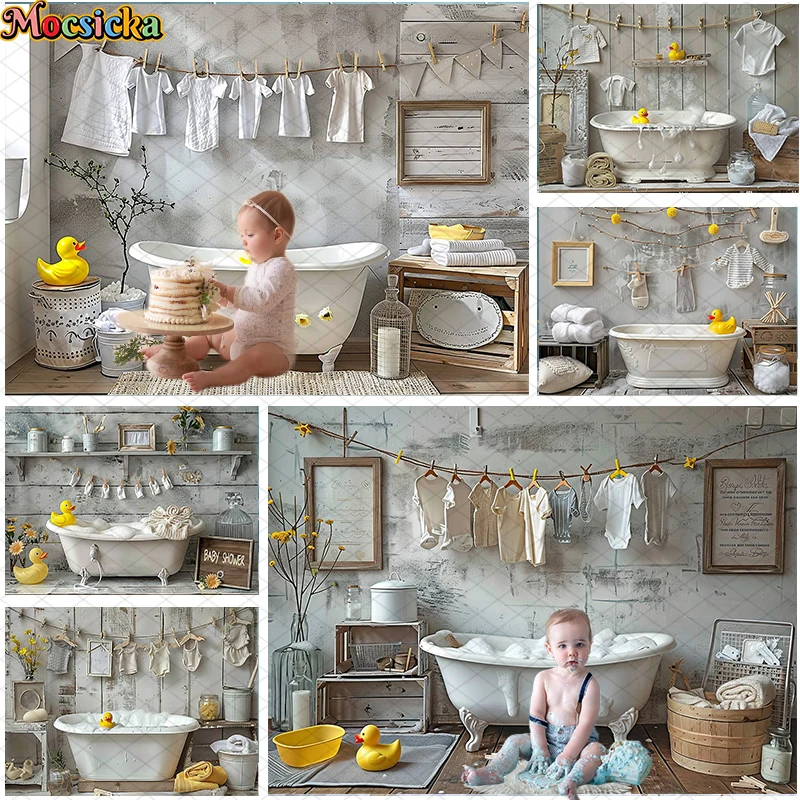 Mocsicka Photography Background Indoor Bathtub Yellow Duck Decor Newborn Shower Kids Portrait Backdrop Photo Studio