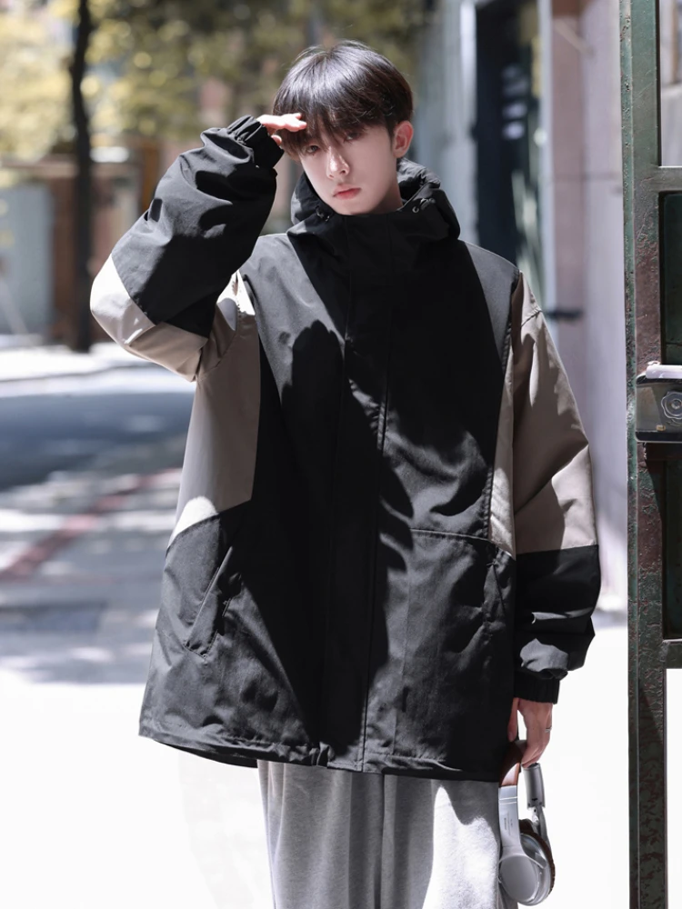 Men Jackets Contrast Color Hooded Windproof Japanese Style Outer Baggy Comfortable Parachute Techwear Retro Streetwear Leisure