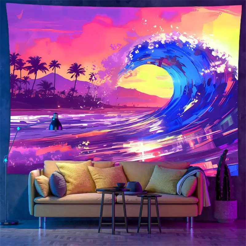 VIKAMA Neon Wave Sunset Palm Wall Tapestry Pink Purple Glow Ocean Surf Beach Tree Tropical Psychedelic Summer Decor Indoor Art