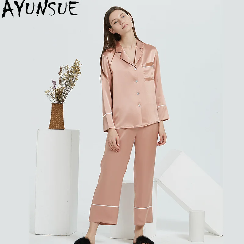 

AYUNSUE 100% Mulberry Silk Pajamas for Women 19MM Silk Night Wear Female 2026 Spring Summer Long Sleeve Sleepwear Пижама Женская