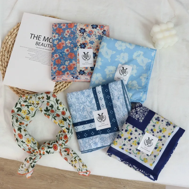 100% Cotton New Versatile High-Grade Decorative Headcloth Silk Scarf Japanese-Style Retro Artistic Floral Small Square Towel