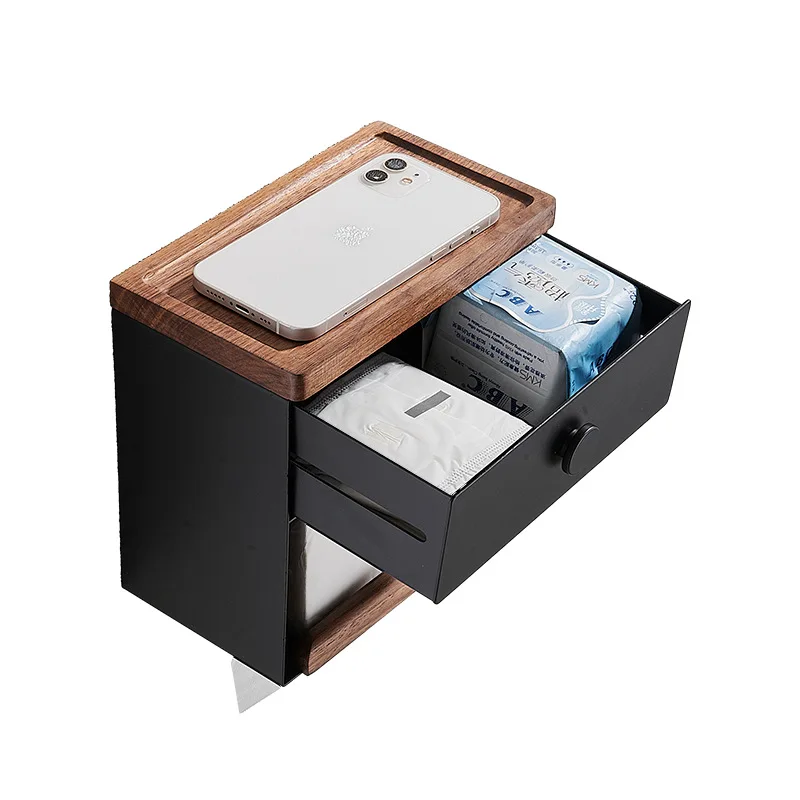 Kitchen and Bath Roll Paper Box Multi-purpose Shelf Household Tissue Box Solid Wood Pumping  Walnut Paper Box