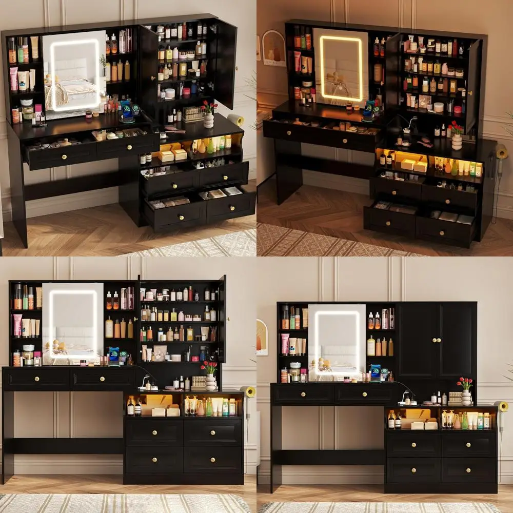 مكتب زينة مكياج أسود كبير فاخر مع مرآة منزلقة، مجموعة منضدة 58.6 طاولة، مخرج طاقة، 6 أدراج وإضاءة لـ U