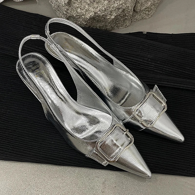 New Fashion Metal Silver Women In Shoes With Low Heel Slides Pointed Toe Ladies Heels Shoes Buckle Female Slingbacks Sandals