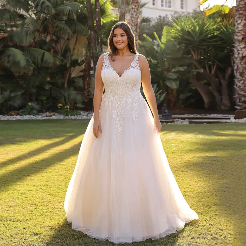 

Pastrol Tulle Wedding Dresses Plus Size V Neck Sleeveless Bride Gowns Appliques Floor Length A-Line Vestido De Noiva 2024