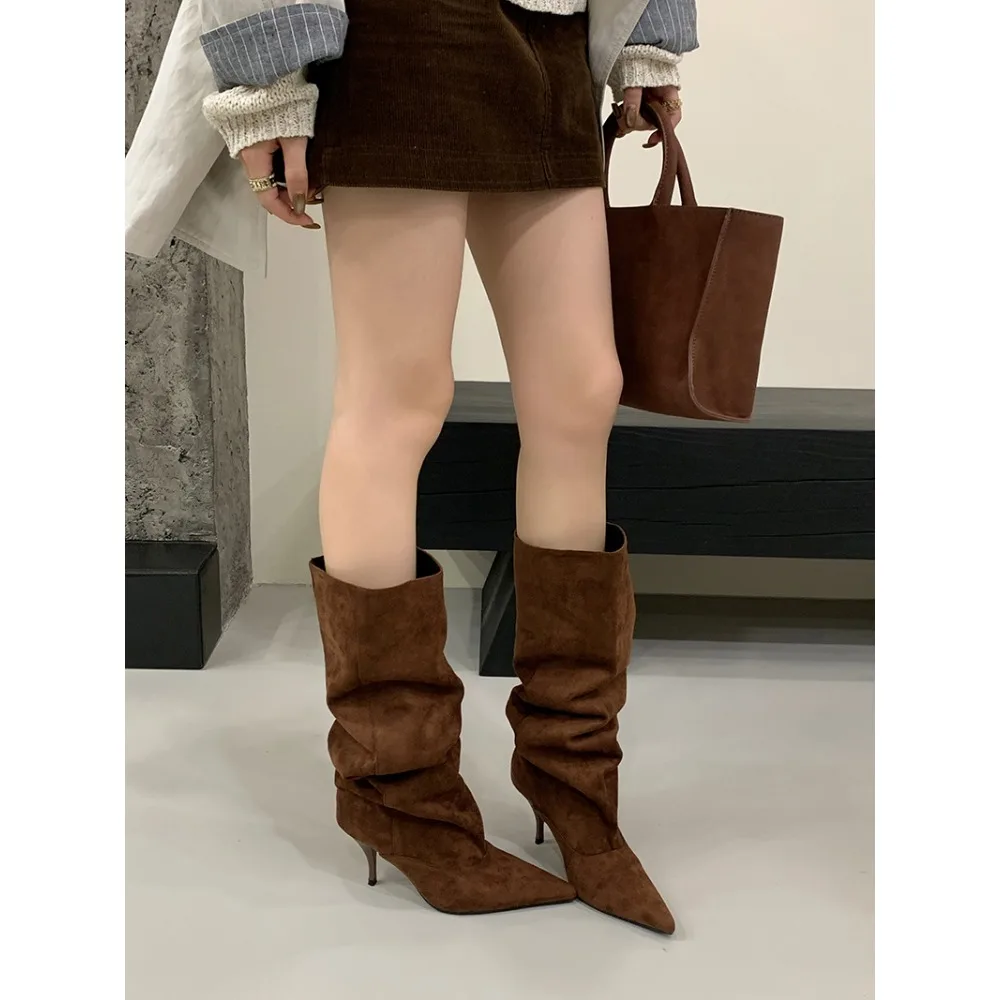 

Design Pointed Toe Women Knee-High Boots Designer Party Dress Street Long Booties Thin Low Heels Shoes brown long boots women