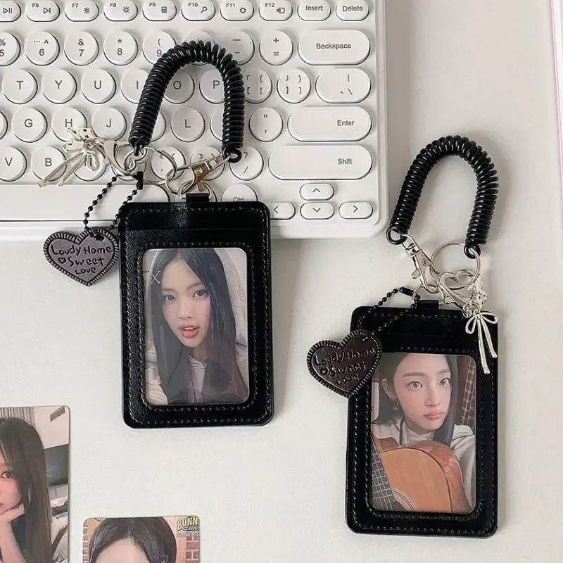 

INS Black Photo Card Holder PU Leather Silver Cat Bow Pendant Student Campus Card ID Card Holder Campus Card Holder Keychain