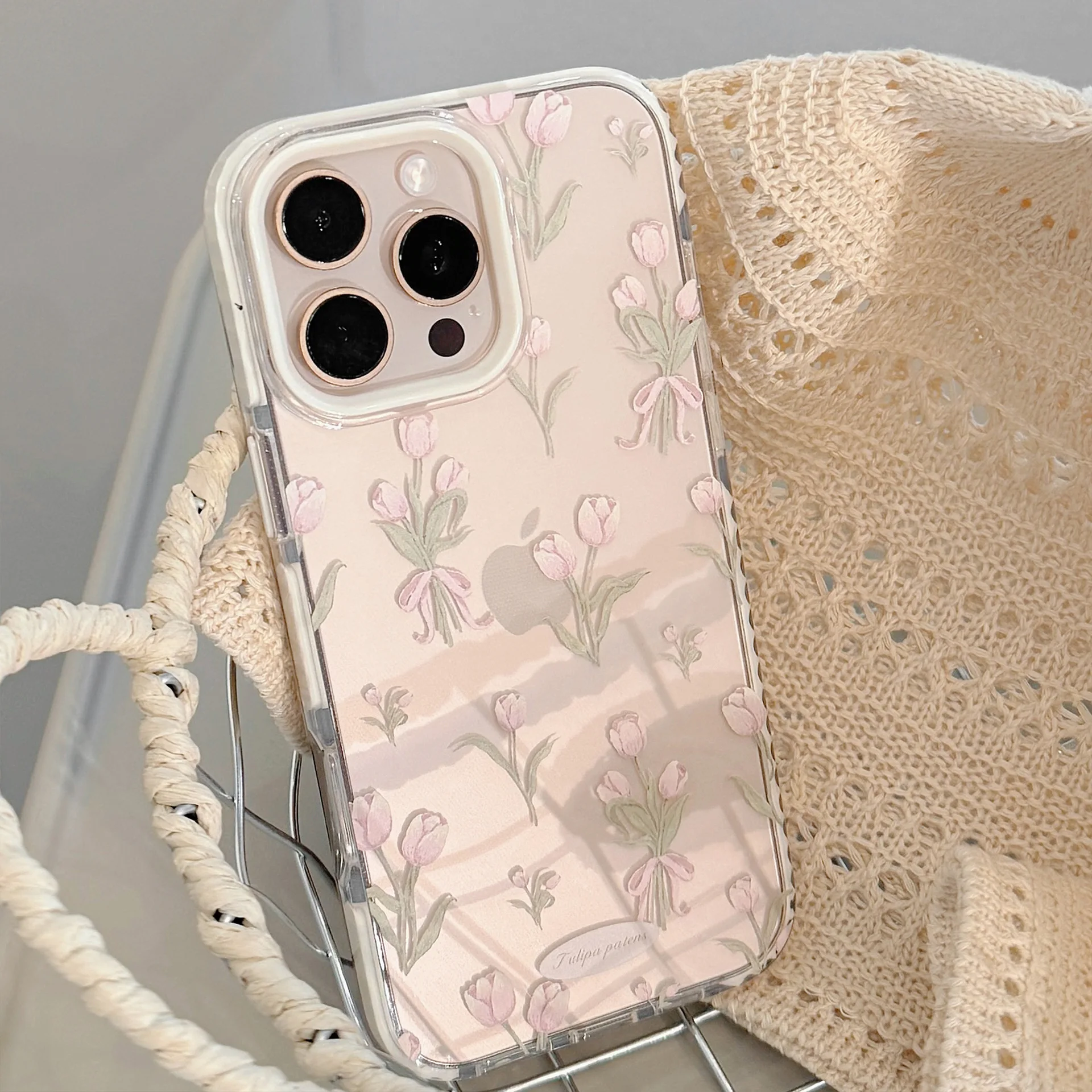Korean Full Screen Pink Tulip Flowers Phone Case for iPhone 17 16 15 14 13 12 Pro Max Transparent Shockproof Protective Cover view 2