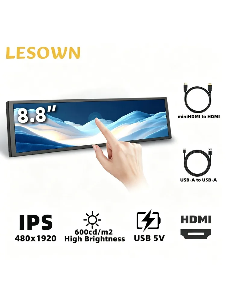 LESOWN 8.8/12.6 Inch Touch Ultra Wide Bar Monitor 1920x480 IPS Stretched LCD Display Portable Long Secondary Screen for Windows