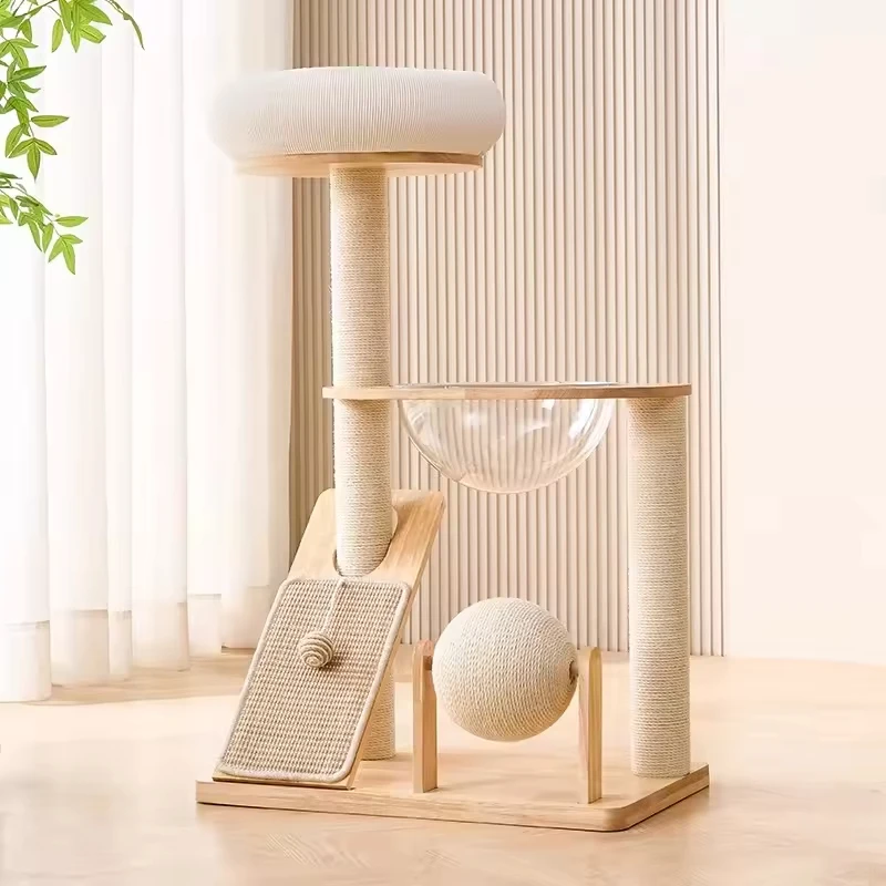 Luxury Modern Solid Rubber Wood Cat Tree with Sisal Rope Scratching Post Nest Mat